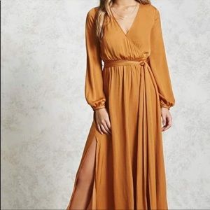 FOREVER 21 SATIN SURPLICE MAXI DRESS GOLDEN YELLOW